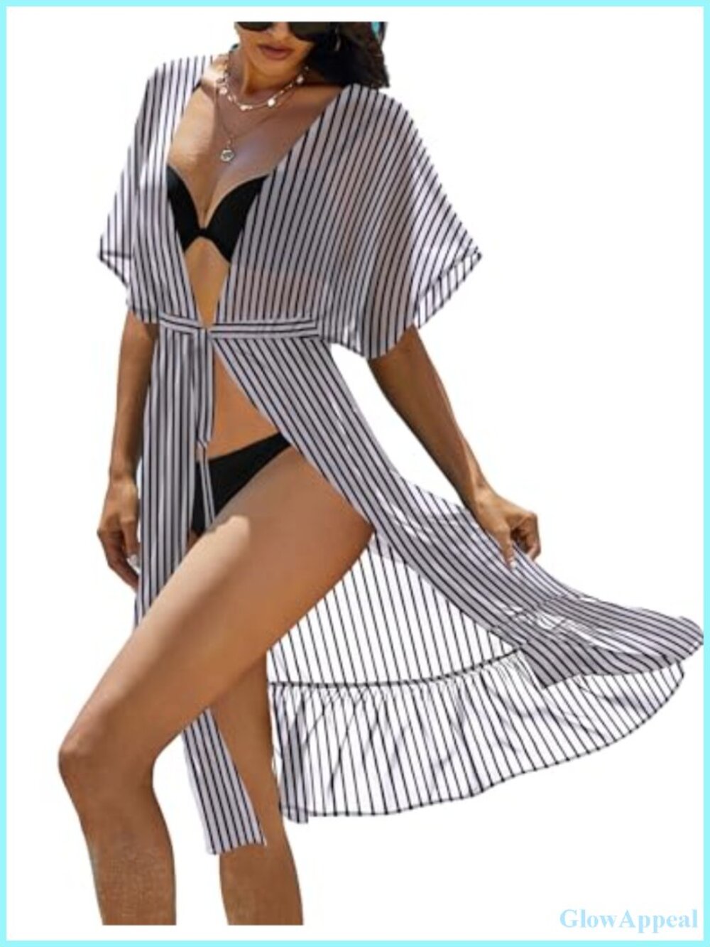 Women's Chiffon Kimono Swim Cover Up Short Sleeve V-Neck